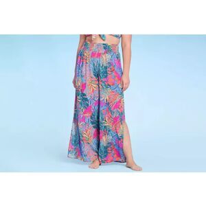 Kona Sol Leaf Print Multicolor Smocked Waist Side Slit Flowy Beach Pants Boho M